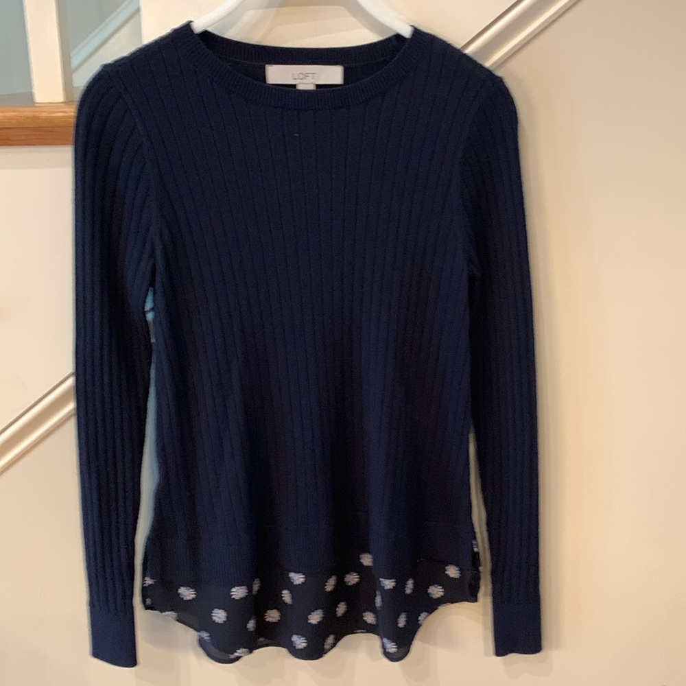 Silky floral bottom on this like new navy blue sweater long sleeve